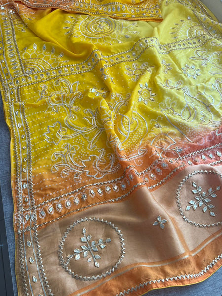 Vibrant Dual Tone Munga Silk Saree With Intricate Sikhiya Gotapatti Artistry