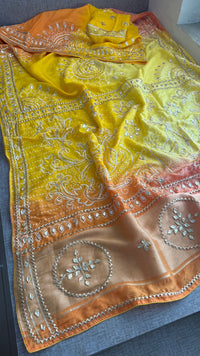 Vibrant Dual Tone Munga Silk Saree With Intricate Sikhiya Gotapatti Artistry
