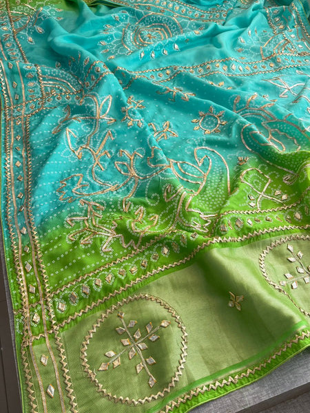 Vibrant Dual Tone Munga Silk Saree With Intricate Sikhiya Gotapatti Artistry