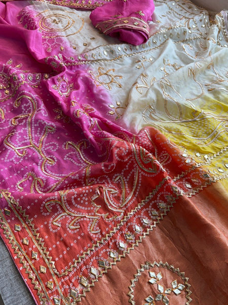 Vibrant Dual Tone Munga Silk Saree With Intricate Sikhiya Gotapatti Artistry