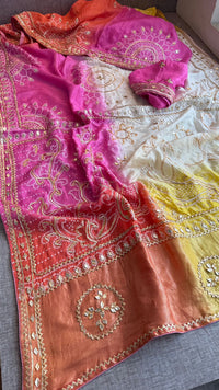 Vibrant Dual Tone Munga Silk Saree With Intricate Sikhiya Gotapatti Artistry