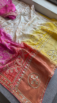 Vibrant Dual Tone Munga Silk Saree With Intricate Sikhiya Gotapatti Artistry
