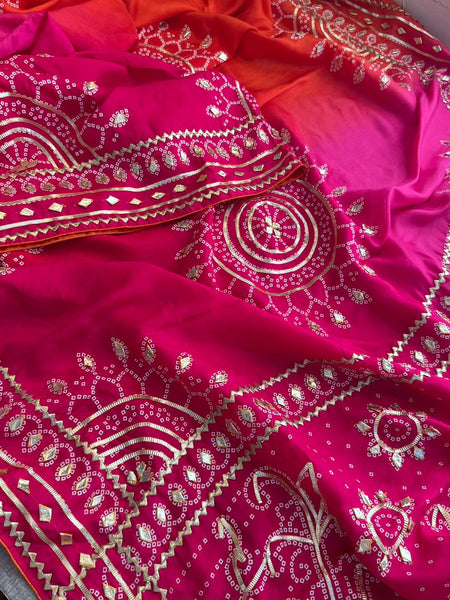 Vibrant Dual Tone Munga Silk Saree With Intricate Sikhiya Gotapatti Artistry
