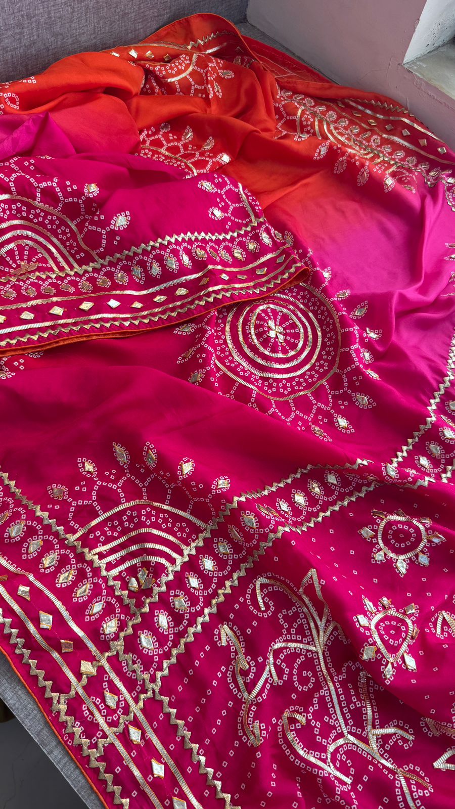Vibrant Dual Tone Munga Silk Saree With Intricate Sikhiya Gotapatti Artistry