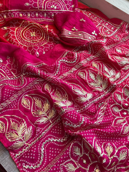 Elegant Munga Silk Lakdi Patta Saree With Delicate Sikhiya Gotapatti Floral Work