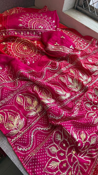 Elegant Munga Silk Lakdi Patta Saree With Delicate Sikhiya Gotapatti Floral Work
