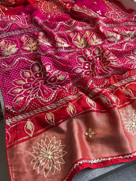 Elegant Munga Silk Lakdi Patta Saree With Delicate Sikhiya Gotapatti Floral Work