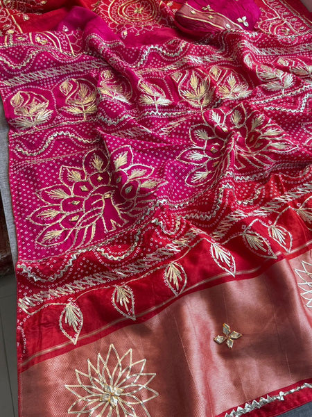 Elegant Munga Silk Lakdi Patta Saree With Delicate Sikhiya Gotapatti Floral Work