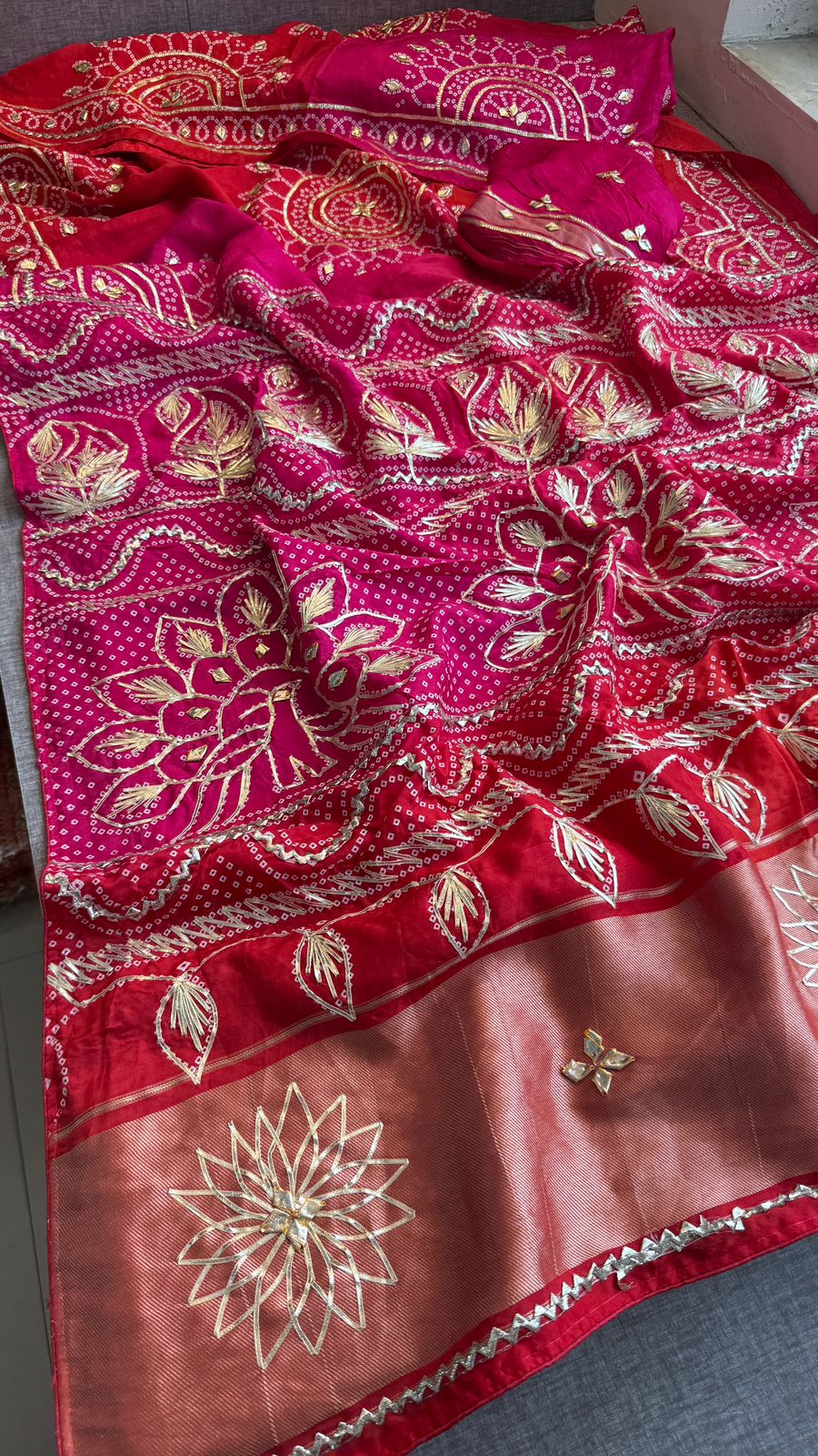 Elegant Munga Silk Lakdi Patta Saree With Delicate Sikhiya Gotapatti Floral Work
