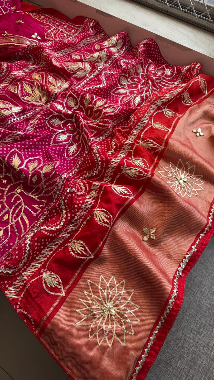 Elegant Munga Silk Lakdi Patta Saree With Delicate Sikhiya Gotapatti Floral Work