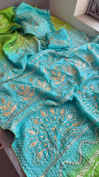 Elegant Munga Silk Lakdi Patta Saree With Delicate Sikhiya Gotapatti Floral Work