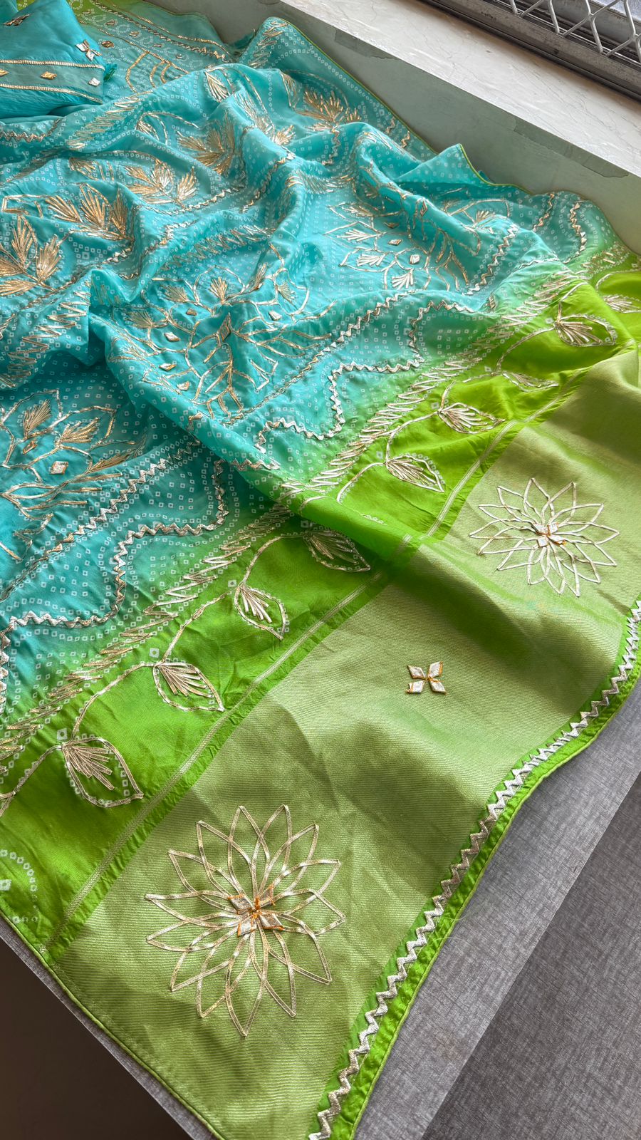 Elegant Munga Silk Lakdi Patta Saree With Delicate Sikhiya Gotapatti Floral Work