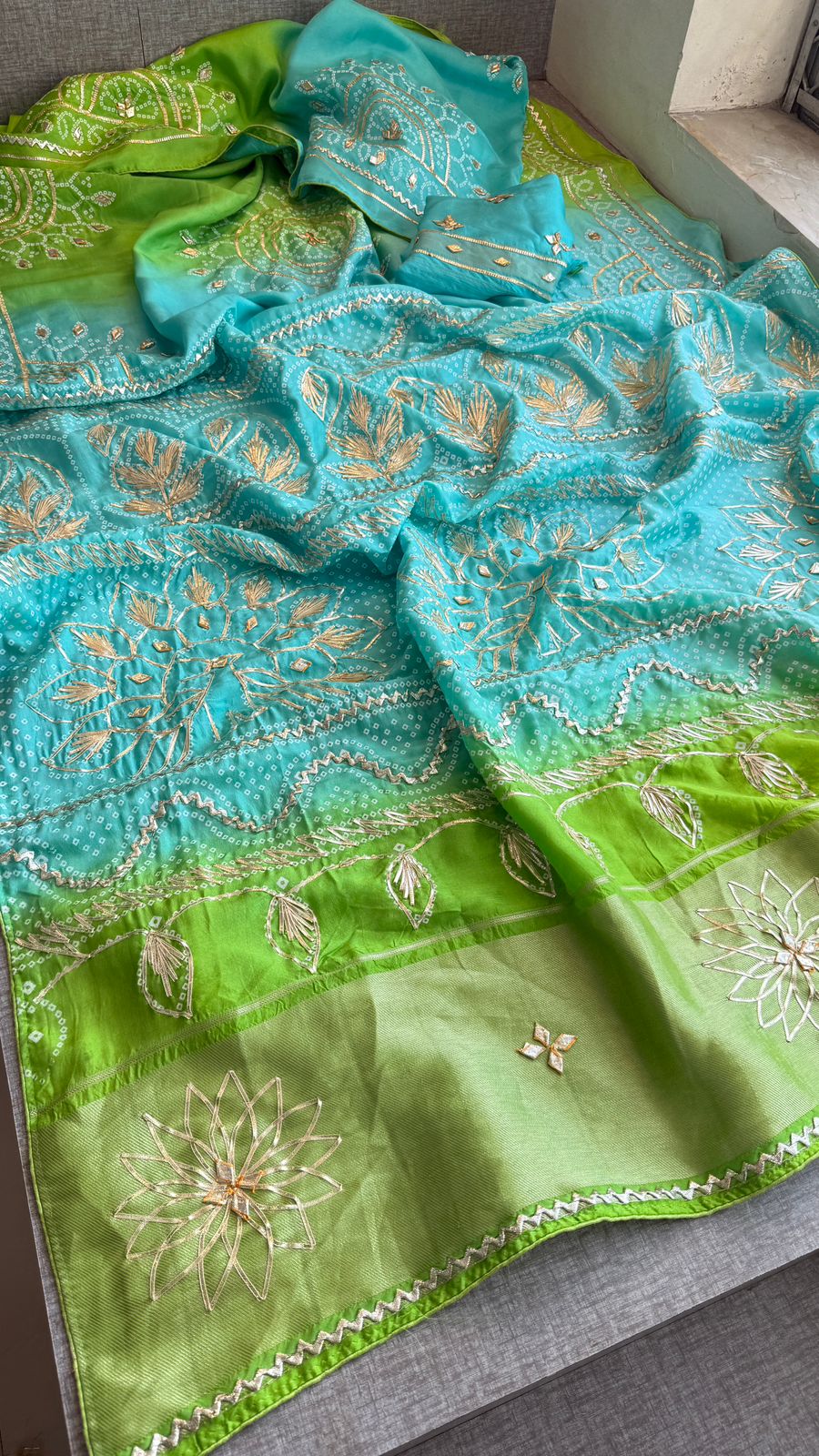 Elegant Munga Silk Lakdi Patta Saree With Delicate Sikhiya Gotapatti Floral Work