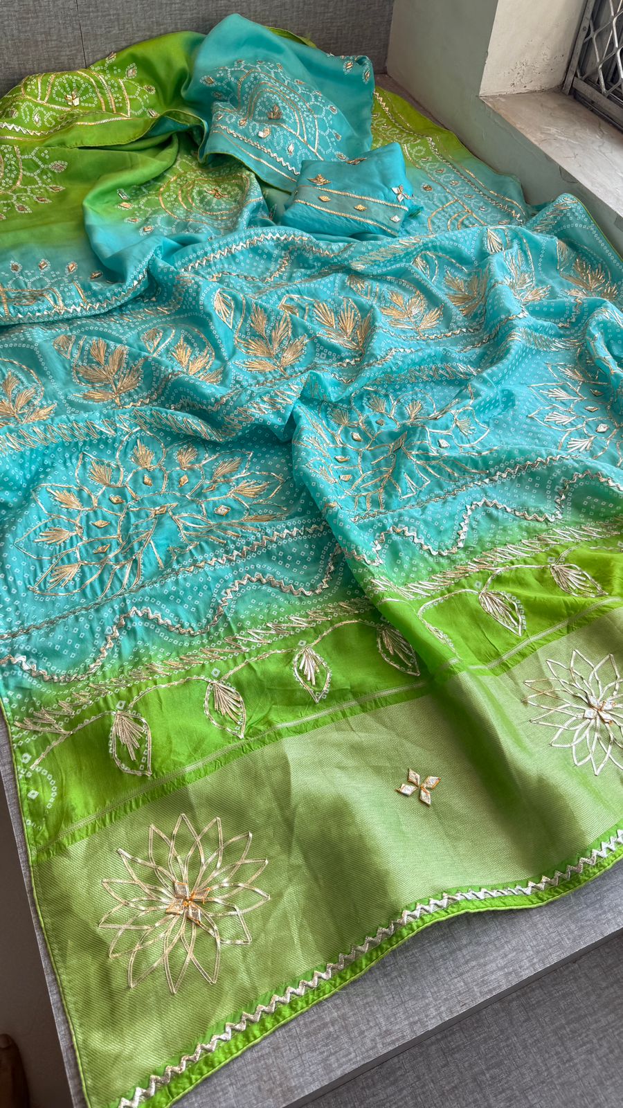 Elegant Munga Silk Lakdi Patta Saree With Delicate Sikhiya Gotapatti Floral Work