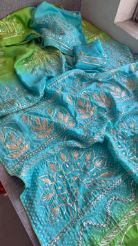 Elegant Munga Silk Lakdi Patta Saree With Delicate Sikhiya Gotapatti Floral Work