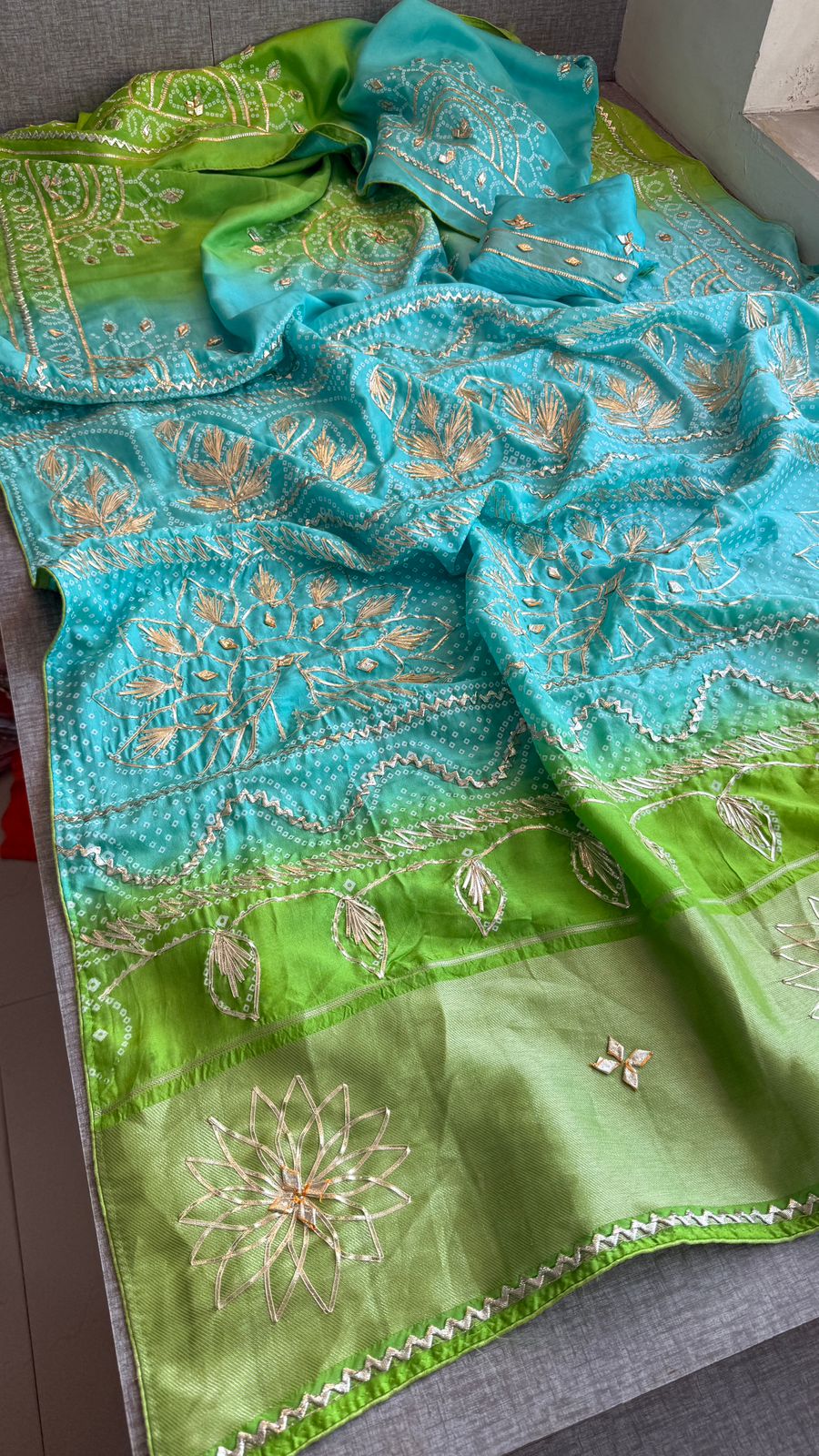 Elegant Munga Silk Lakdi Patta Saree With Delicate Sikhiya Gotapatti Floral Work