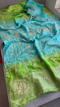 Elegant Munga Silk Lakdi Patta Saree With Delicate Sikhiya Gotapatti Floral Work