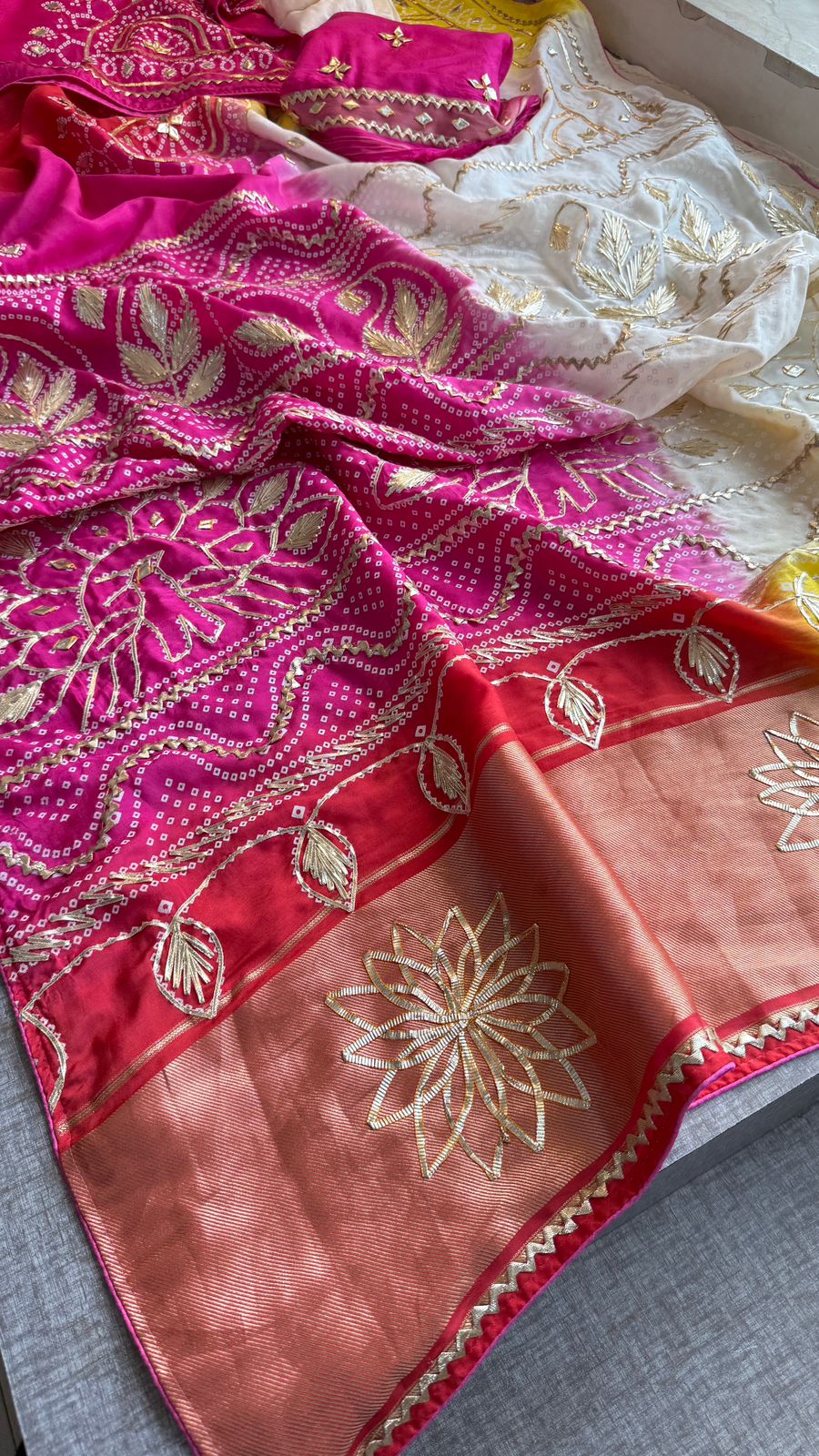 Elegant Munga Silk Lakdi Patta Saree With Delicate Sikhiya Gotapatti Floral Work
