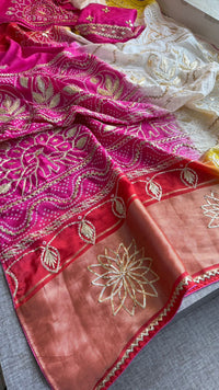 Elegant Munga Silk Lakdi Patta Saree With Delicate Sikhiya Gotapatti Floral Work