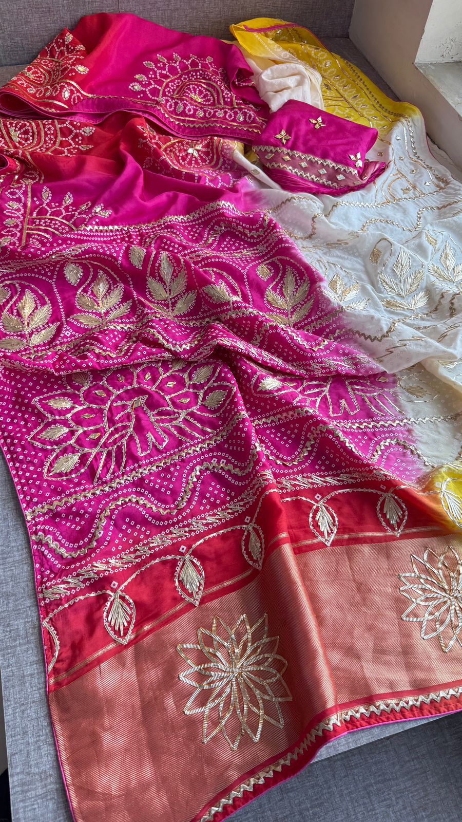 Elegant Munga Silk Lakdi Patta Saree With Delicate Sikhiya Gotapatti Floral Work