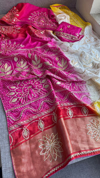 Elegant Munga Silk Lakdi Patta Saree With Delicate Sikhiya Gotapatti Floral Work