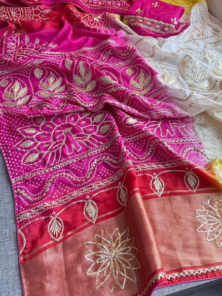 Elegant Munga Silk Lakdi Patta Saree With Delicate Sikhiya Gotapatti Floral Work