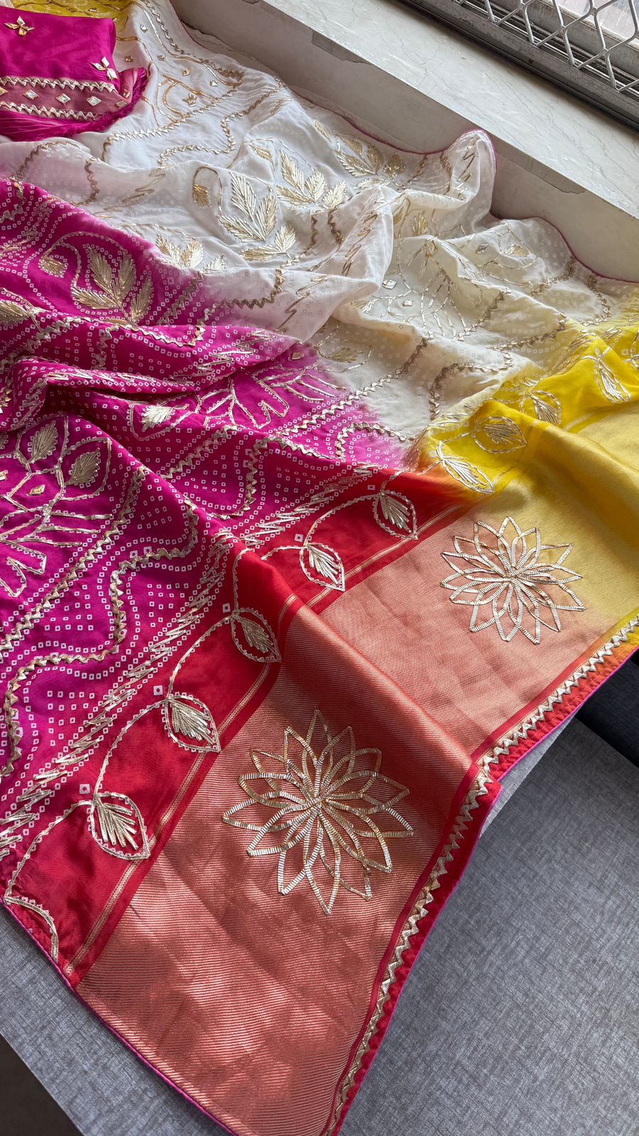 Elegant Munga Silk Lakdi Patta Saree With Delicate Sikhiya Gotapatti Floral Work