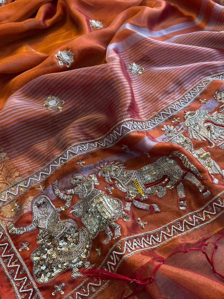 Royal Heritage Tissue Silk Banarasi Saree Featuring Handcrafted Zardozi Story Pallu