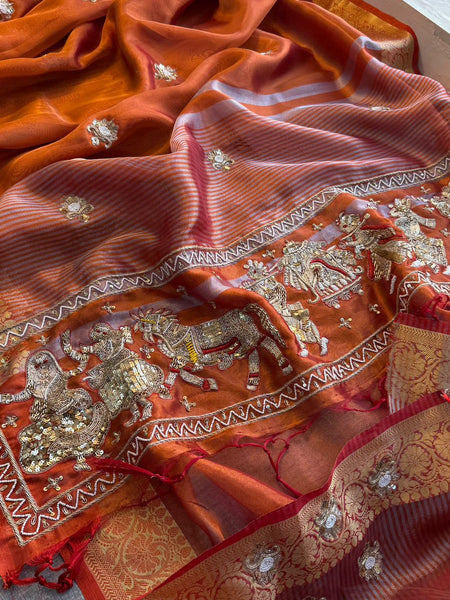 Royal Heritage Tissue Silk Banarasi Saree Featuring Handcrafted Zardozi Story Pallu