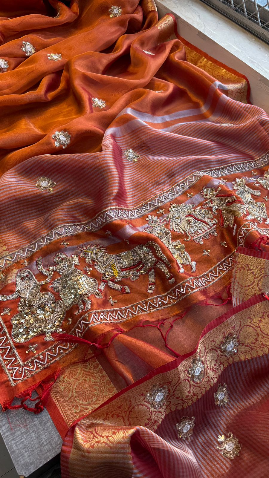 Zardozi Story Pallu On Tissue Silk Banarasi · 72 Artisan Hours of work · The Royal Edit