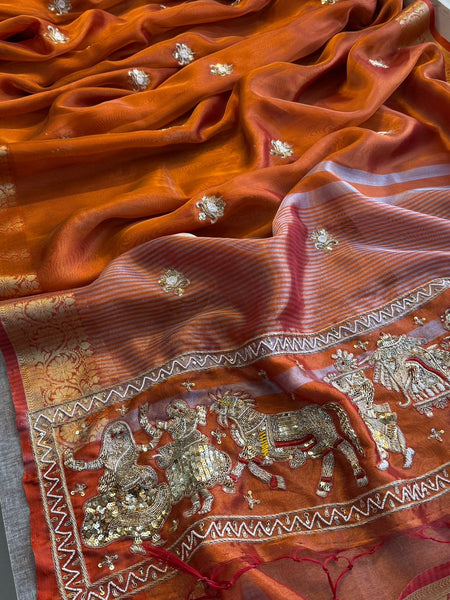 Royal Heritage Tissue Silk Banarasi Saree Featuring Handcrafted Zardozi Story Pallu