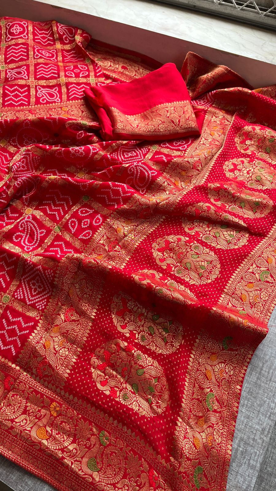 Festive Bandhej Inspired Banarasi Silk Saree With Rich Woven Pallu Design
