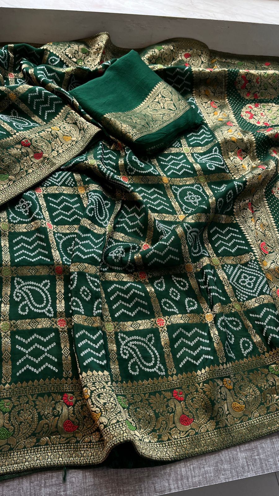 Festive Bandhej Inspired Banarasi Silk Saree With Rich Woven Pallu Design