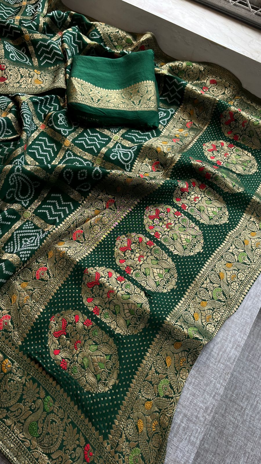 Festive Bandhej Inspired Banarasi Silk Saree With Rich Woven Pallu Design