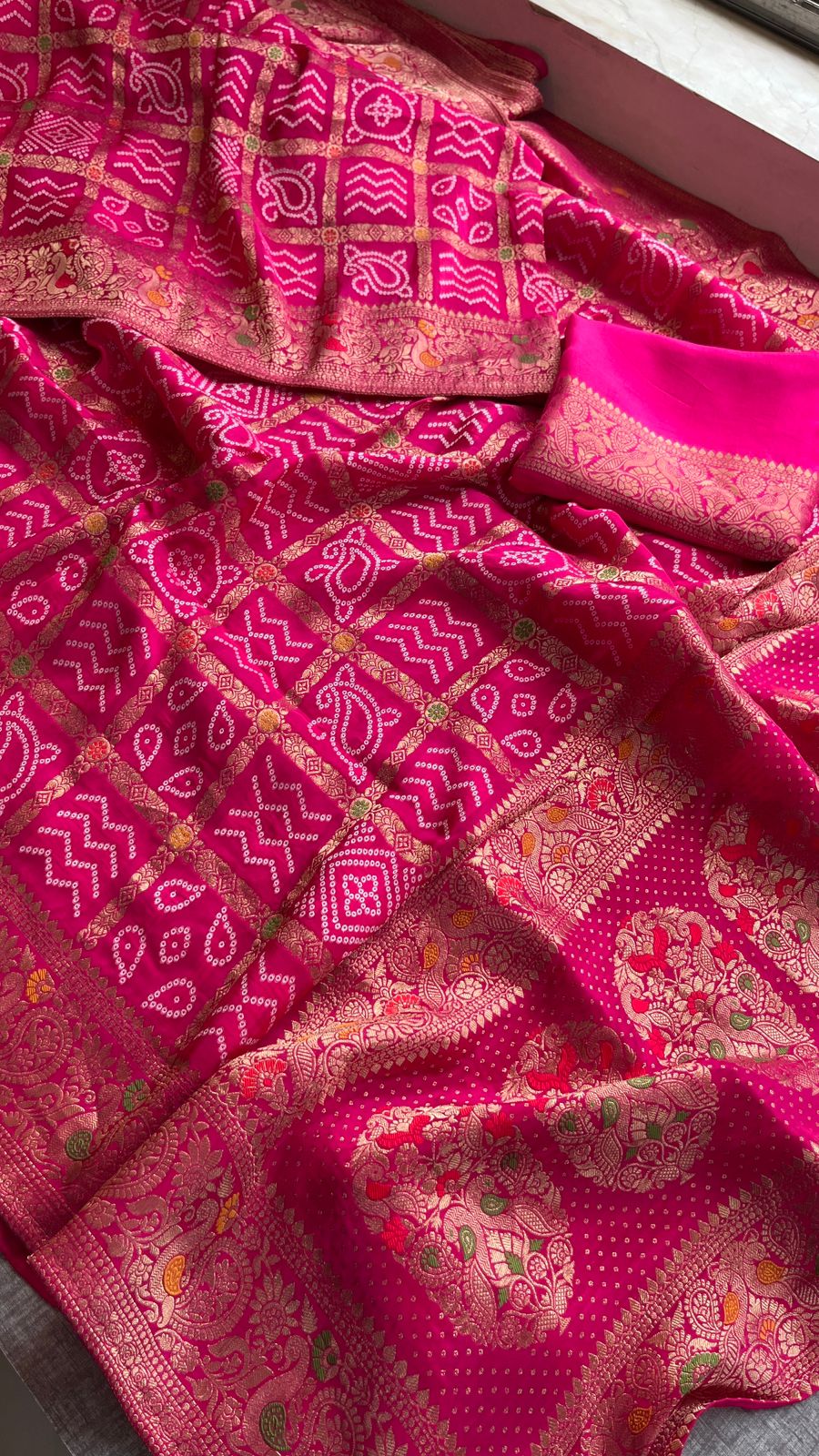 Festive Bandhej Inspired Banarasi Silk Saree With Rich Woven Pallu Design