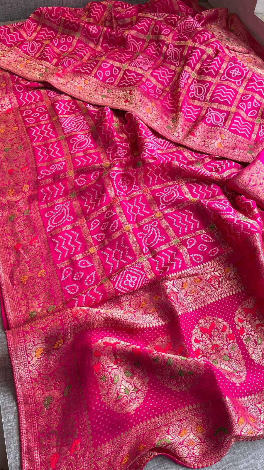 Festive Bandhej Inspired Banarasi Silk Saree With Rich Woven Pallu Design