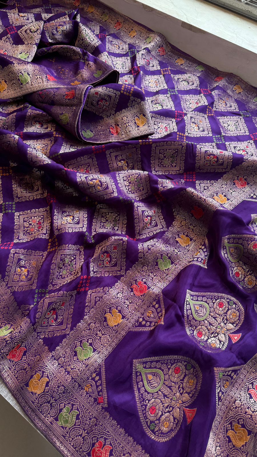 Bandhani Zari Weaving On Munga Silk Banarasi · 28 Artisan Hours of work · The Virasat Edit