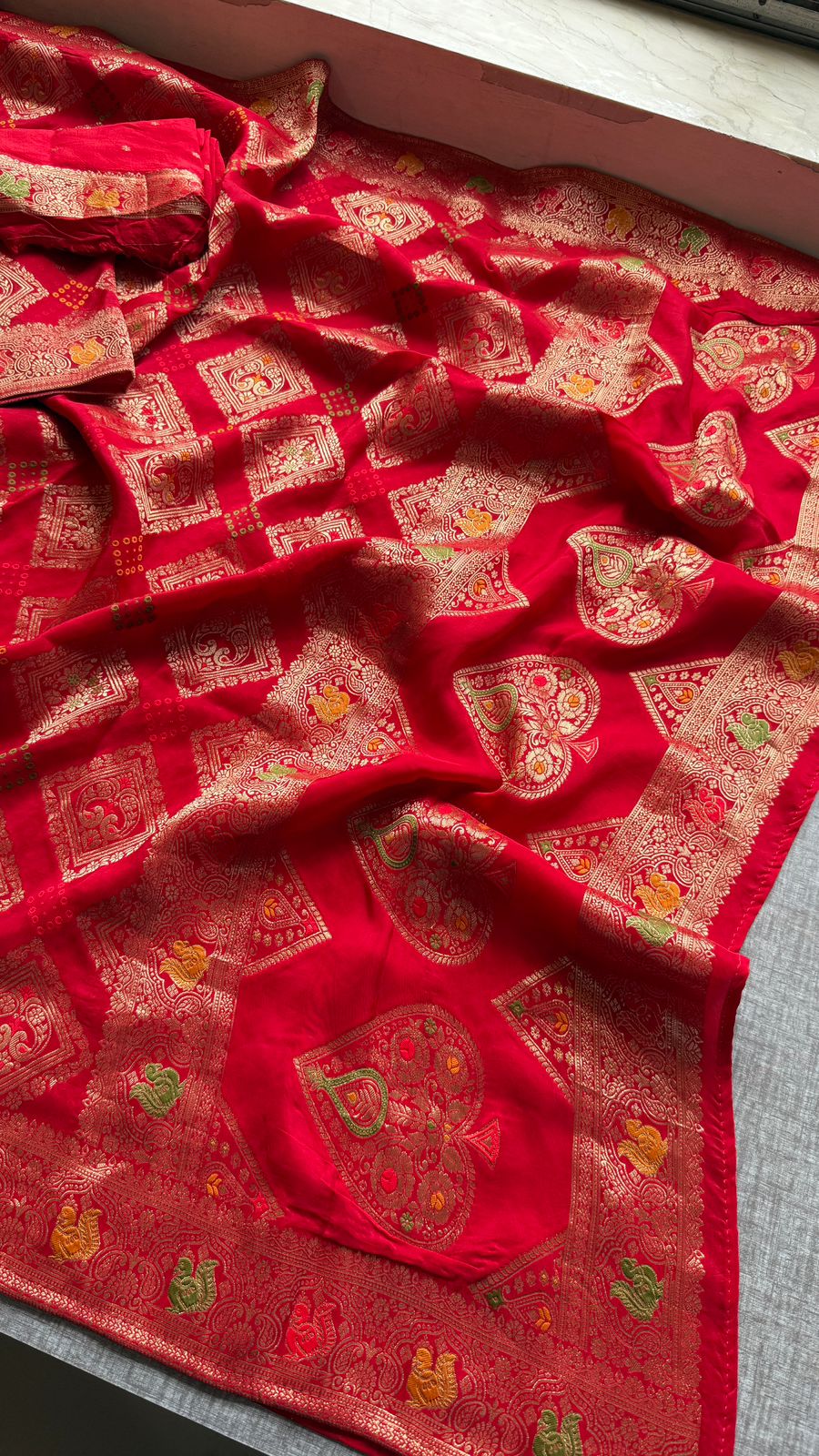 Bandhani Zari Weaving On Munga Silk Banarasi · 28 Artisan Hours of work · The Virasat Edit