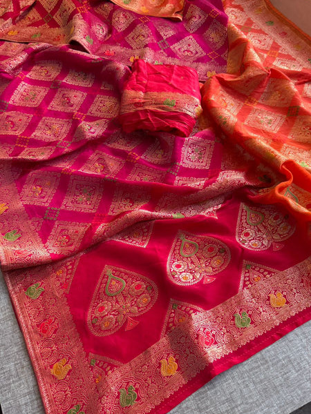 Heritage Bandhani Banarasi Munga Silk Saree With Traditional Woven Motifs