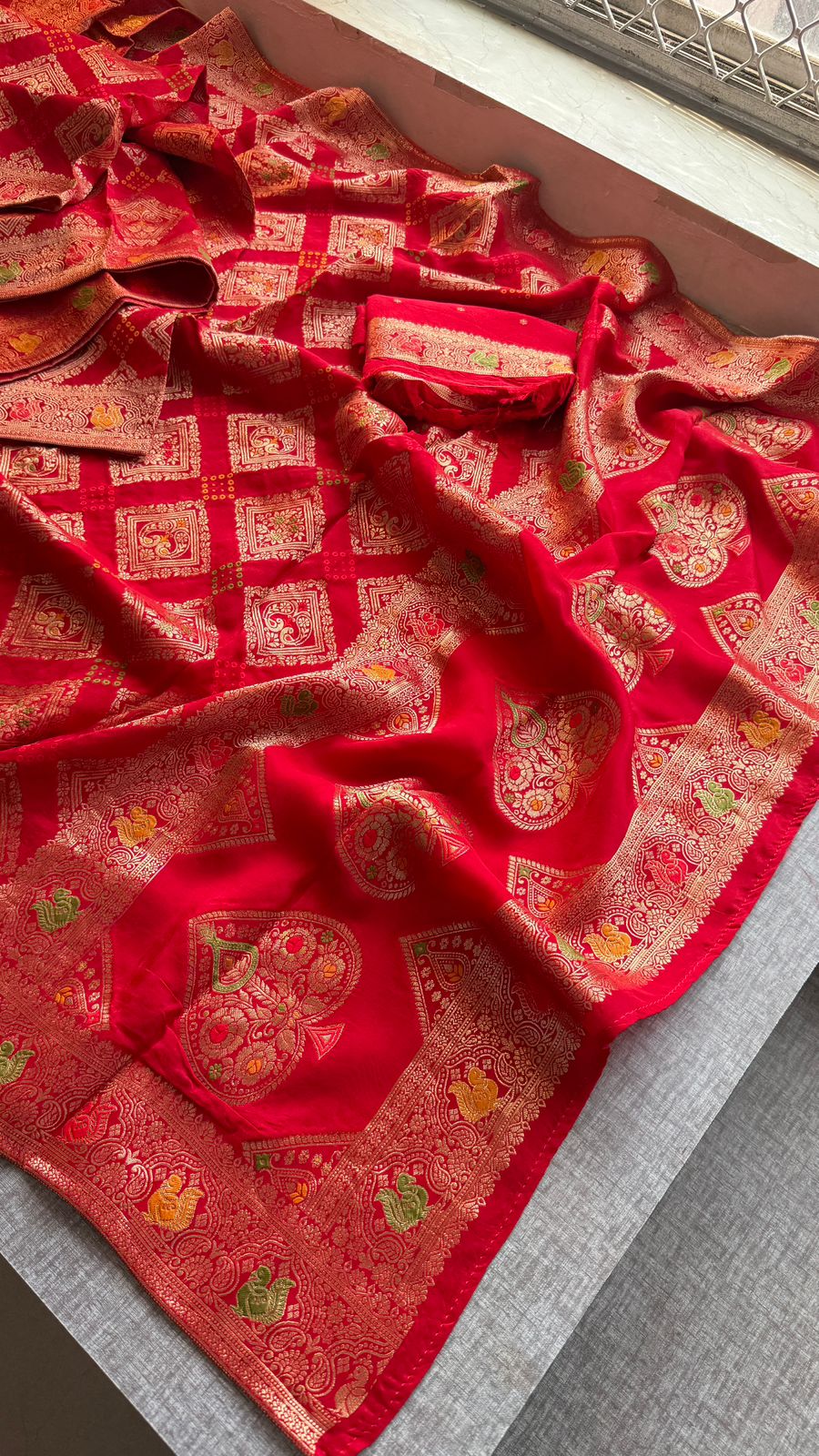 Bandhani Zari Weaving On Munga Silk Banarasi · 28 Artisan Hours of work · The Virasat Edit