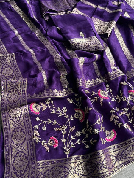 Banarasi Munga Silk Saree With Zardozi Sequins And Gotapatti Handwork