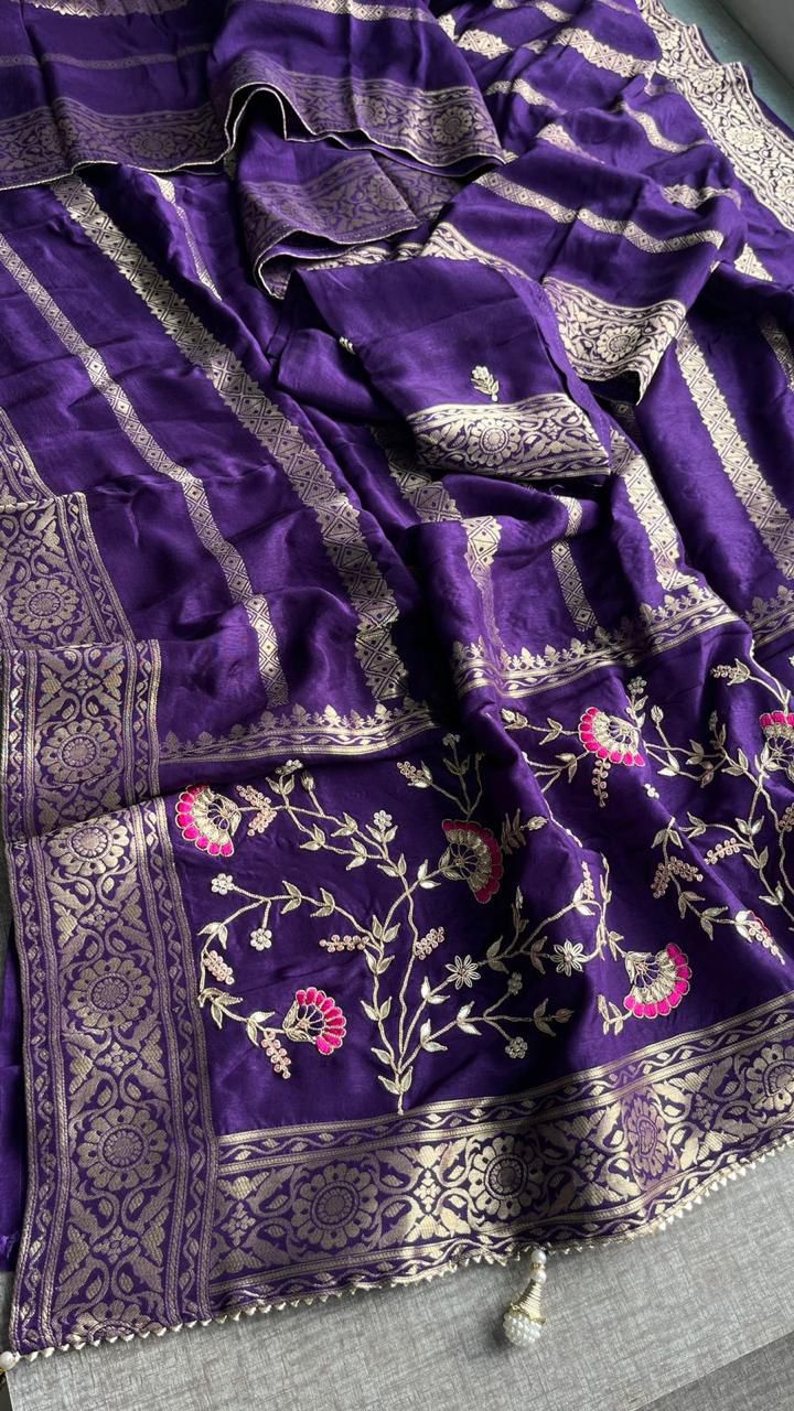 Zardozi Sequins And Gotta Patti On Munga Silk Banarasi · 56 Artisan Hours of work · The Sunehri Edit