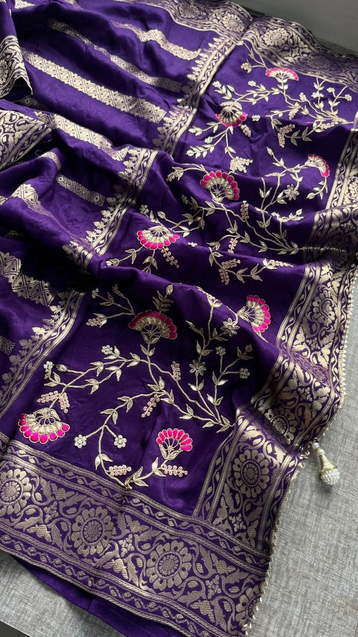 Zardozi Sequins And Gotta Patti On Munga Silk Banarasi · 56 Artisan Hours of work · The Sunehri Edit
