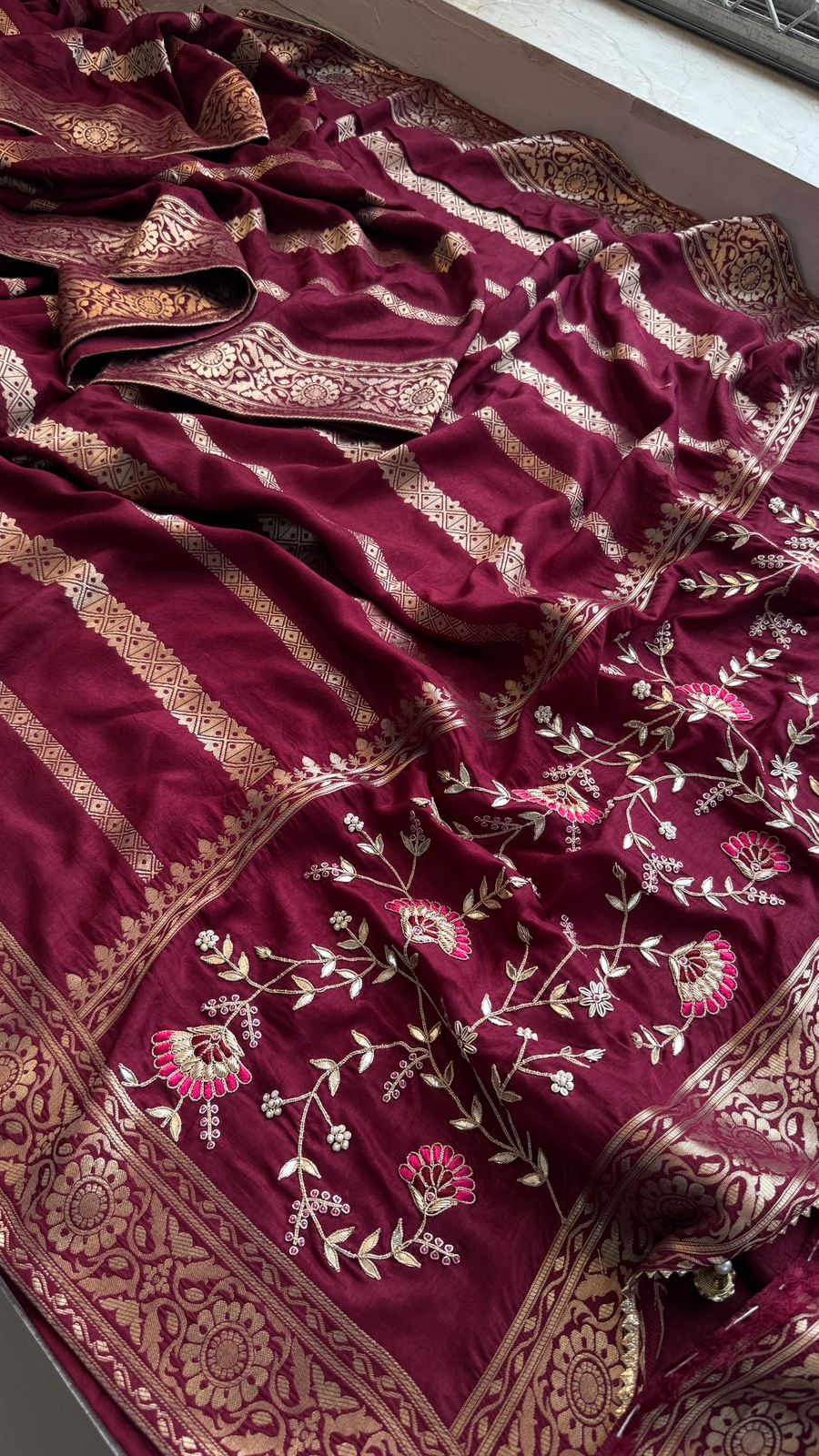 Zardozi Sequins And Gotta Patti On Munga Silk Banarasi · 56 Artisan Hours of work · The Sunehri Edit