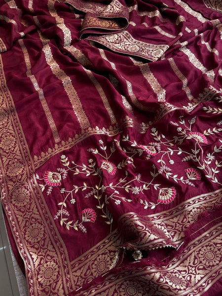 Banarasi Munga Silk Saree With Zardozi Sequins And Gotapatti Handwork