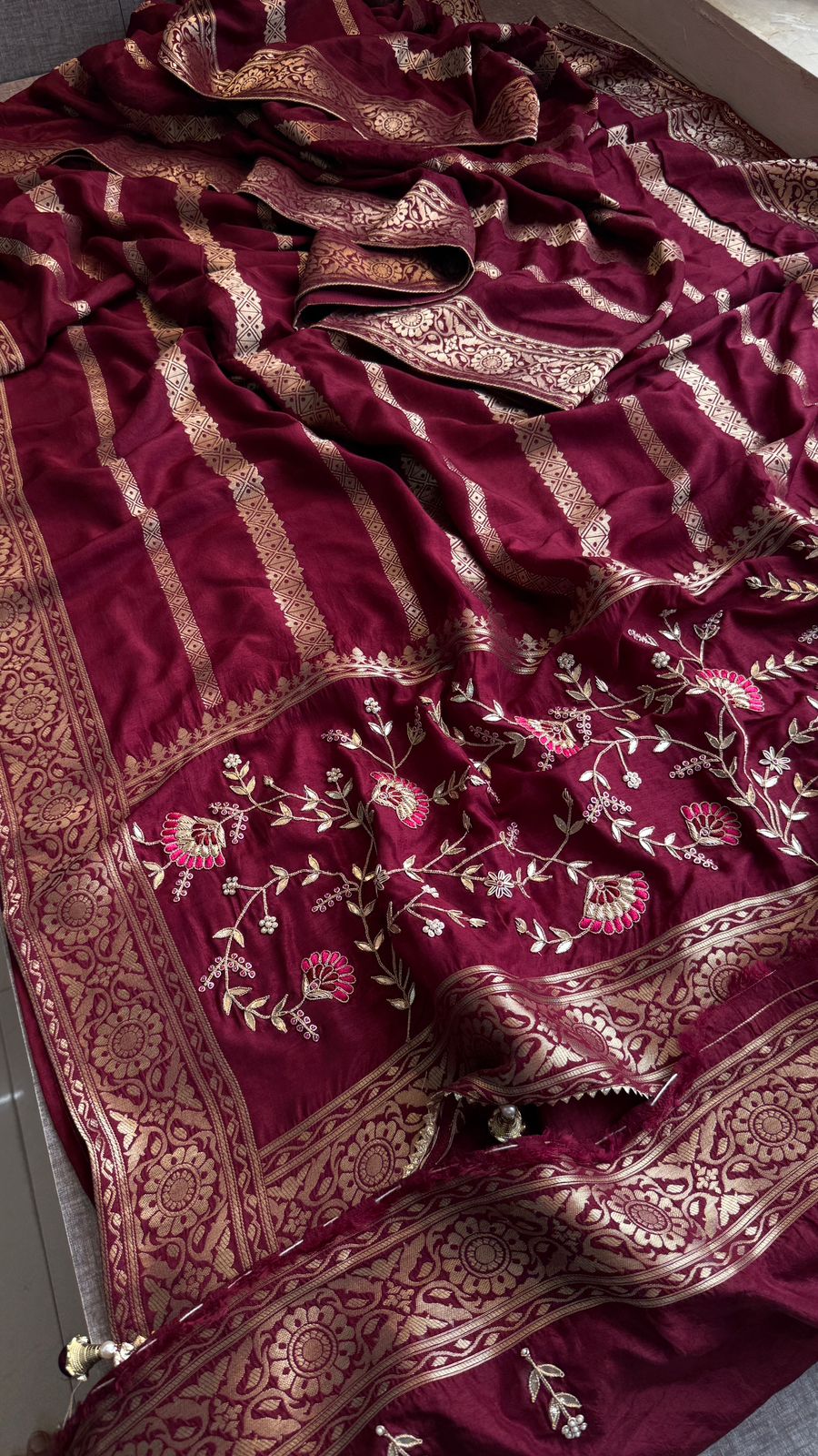 Zardozi Sequins And Gotta Patti On Munga Silk Banarasi · 56 Artisan Hours of work · The Sunehri Edit