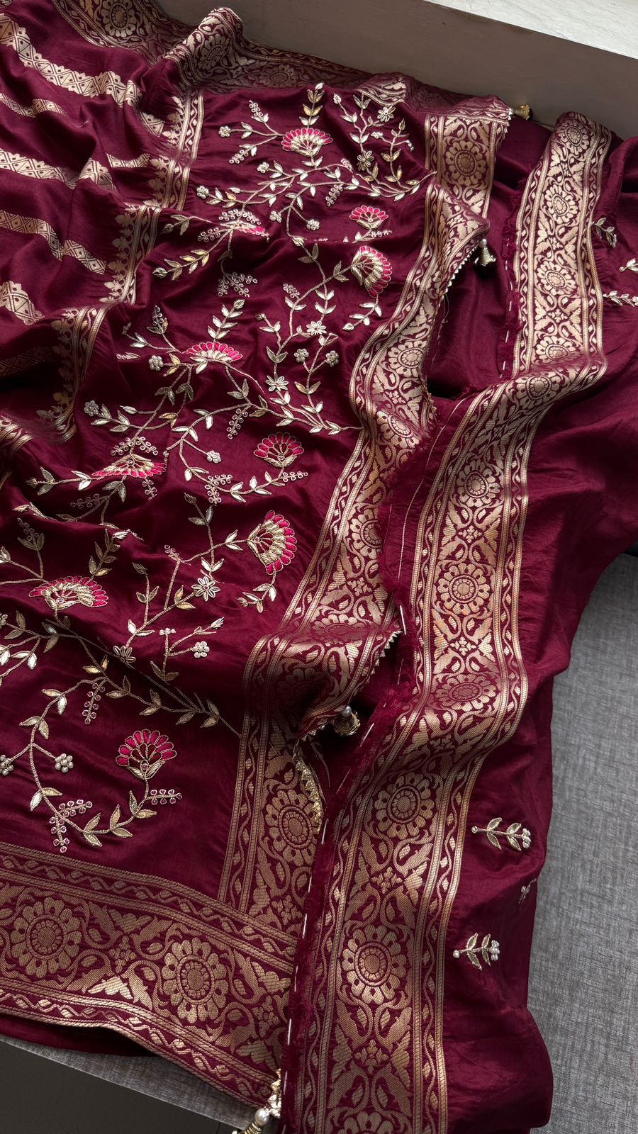 Banarasi Munga Silk Saree With Zardozi Sequins And Gotapatti Handwork