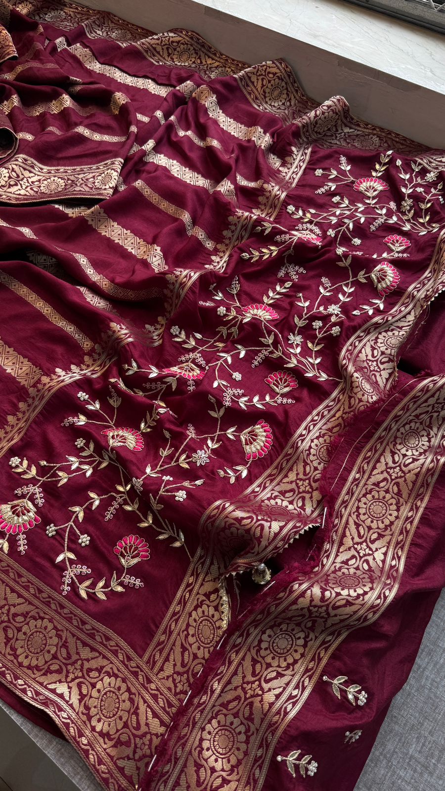 Zardozi Sequins And Gotta Patti On Munga Silk Banarasi · 56 Artisan Hours of work · The Sunehri Edit