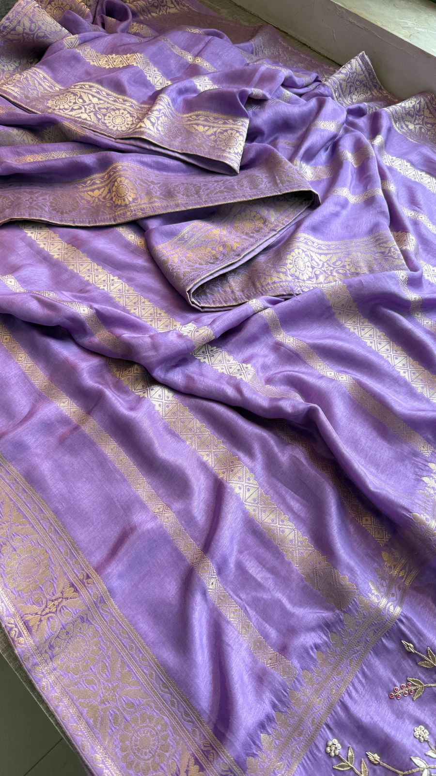 Banarasi Munga Silk Saree With Zardozi Sequins And Gotapatti Handwork