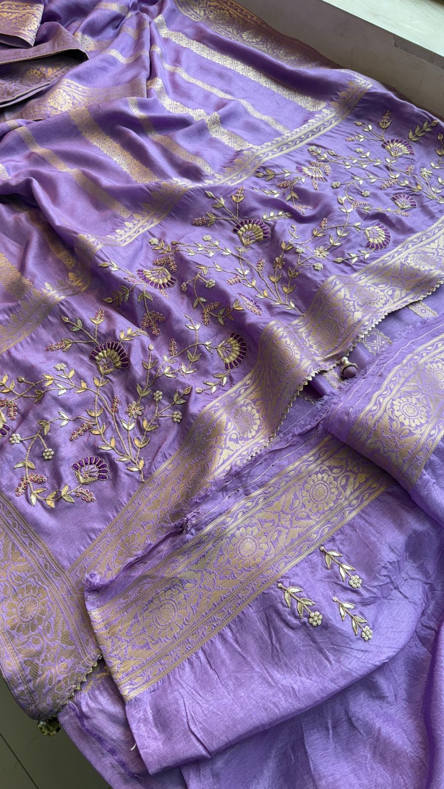Zardozi Sequins And Gotta Patti On Munga Silk Banarasi · 56 Artisan Hours of work · The Sunehri Edit